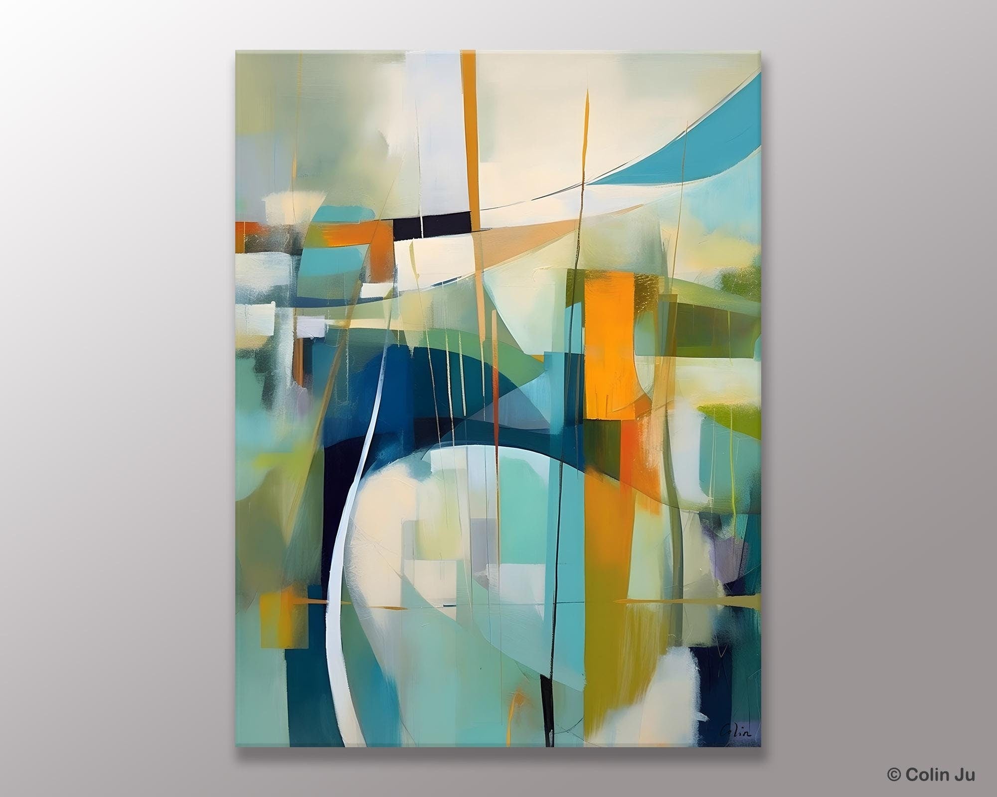 Large Geometric Abstract Painting, Acrylic Painting on Canvas, Landscape Canvas Paintings for Bedroom, Original Landscape Abstract Painting-Paintingforhome