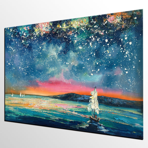 Landscape Oil Paintings, Sail Boat under Starry Night Sky Painting, Landscape Canvas Paintings, Custom Landscape Wall Art Paintings for Living Room-Paintingforhome