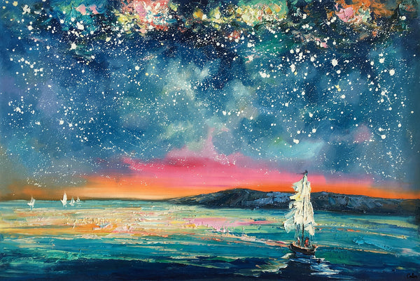 Landscape Oil Paintings, Sail Boat under Starry Night Sky Painting, Landscape Canvas Paintings, Custom Landscape Wall Art Paintings for Living Room-Paintingforhome