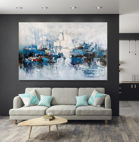 Large Wall Art Paintings Behind Sofa, Acrylic Paintings on Canvas, Acrylic Painting for Bedroom, Blue Modern Paintings, Heavy Texture Canvas Art-Paintingforhome