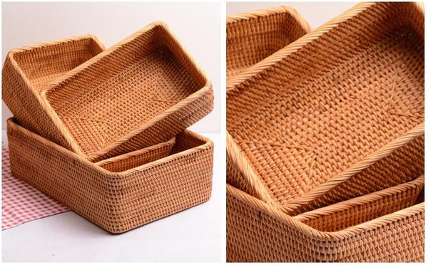 Rectangular Storage Basket for Living Room, Small Kitchen Storage Baskets, Woven Storage Baskets, Rattan Storage Baskets for Shelves-Paintingforhome