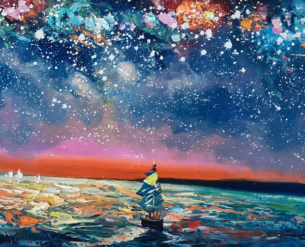 Bedroom Canvas Art, Landscape Painting, Boat under Starry Night Sky Painting, Custom Large Painting-Paintingforhome
