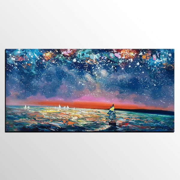 Bedroom Canvas Art, Landscape Painting, Boat under Starry Night Sky Painting, Custom Large Painting-Paintingforhome