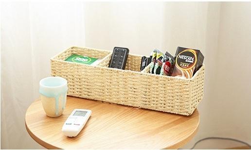 Woven Straw Storage basket with 3 Compartments, Wicker Storage Basket, Rectangle Storage Basket for Living Room-Paintingforhome