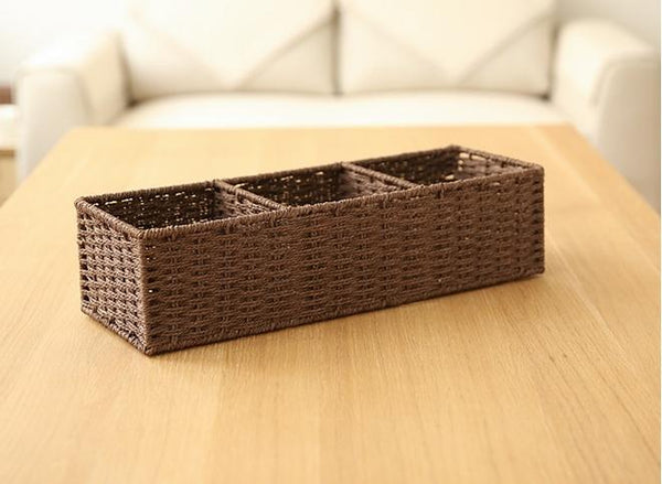 Woven Straw Storage basket with 3 Compartments, Wicker Storage Basket, Rectangle Storage Basket for Living Room-Paintingforhome