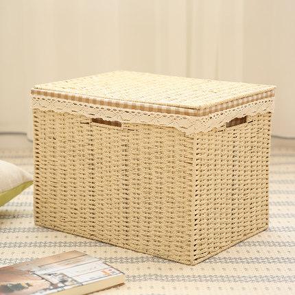 Large Deep Brown / Cream Color Woven Straw basket with Cover, Storage Basket for Toys, Rectangle Storage Basket, Storage Basket for Clothes-Paintingforhome