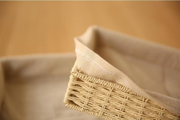Woven Straw Storage Basket with Linen Lining, Storage Basket for Food, Rectangle Storage Basket for Kitchen-Paintingforhome