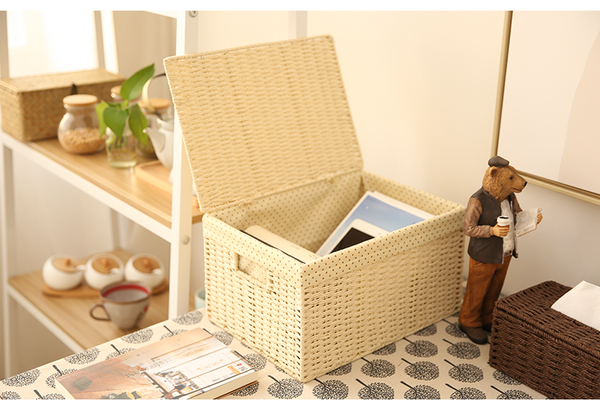 Storage Basket, Deep Brown / Cream Color Woven Straw basket with Cover, Rectangle Basket-Paintingforhome