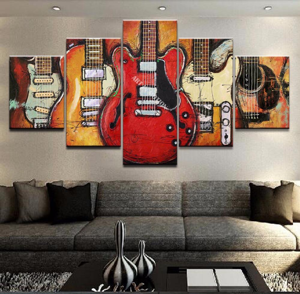 5 Piece Abstract Painting, Guitar Painting, Large Paintings for Living Room, Modern Abstract Painting, Musical Instrument Painting-Paintingforhome