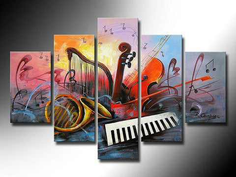 Music Painting, Modern Paintings for Living Room, Abstract Acrylic Painting, Violin, Saxophone, Harp, 5 Piece Abstract Wall Art Paintings-Paintingforhome