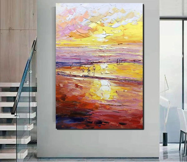 Canvas Paintings for Bedroom, Large Paintings on Canvas, Landscape Painting for Living Room, Sunrise Seashore Painting, Heavy Texture Paintings-Paintingforhome