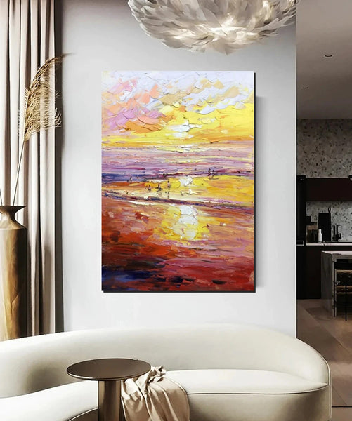Canvas Paintings for Bedroom, Large Paintings on Canvas, Landscape Painting for Living Room, Sunrise Seashore Painting, Heavy Texture Paintings-Paintingforhome