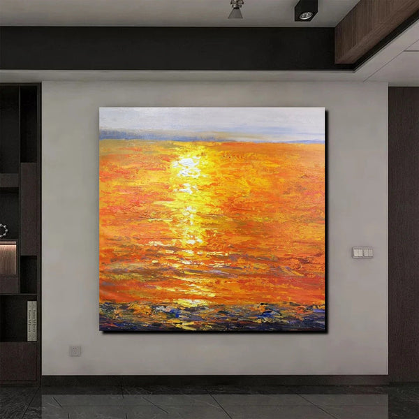 Landscape Acrylic Paintings, Sunrise Seascape Painting, Modern Wall Art Paintings, Heavy Texture Painting, Large Painting Behind Sofa-Paintingforhome