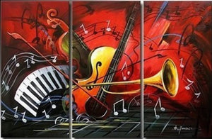 Abstract Art, Red Abstract Painting, Bedroom Wall Art, Violin, Horn, Guitar Painting, Extra Large Painting-Paintingforhome