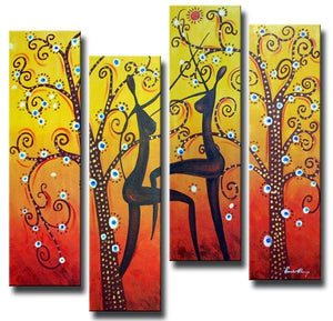 Tree of Life Painting, African Girl Painting, 4 Piece Canvas Paintings, Abstract Figure Art, Abstract Wall Art Paintings-Paintingforhome