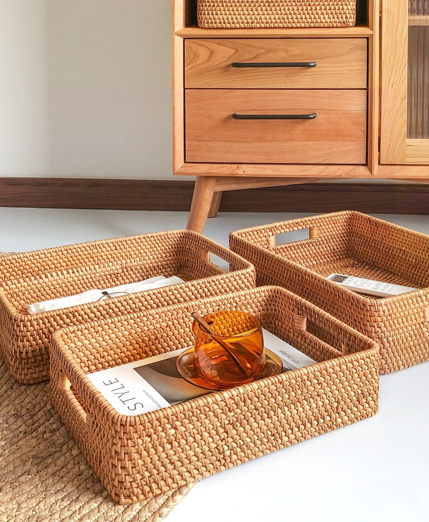 Rustic Drawer Cabinet Storage Cabinet with 5 Rattan Baskets
