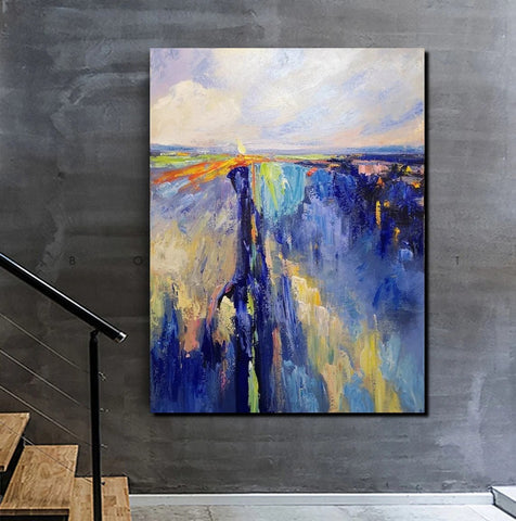 Acrylic Paintings on Canvas, Large Paintings Behind Sofa, Acrylic Painting for Bedroom, Blue Modern Paintings, Buy Paintings Online-Paintingforhome