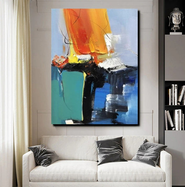 Acrylic Paintings on Canvas, Large Paintings Behind Sofa, Abstract Painting for Living Room, Blue Modern Paintings, Palette Knife Paintings-Paintingforhome