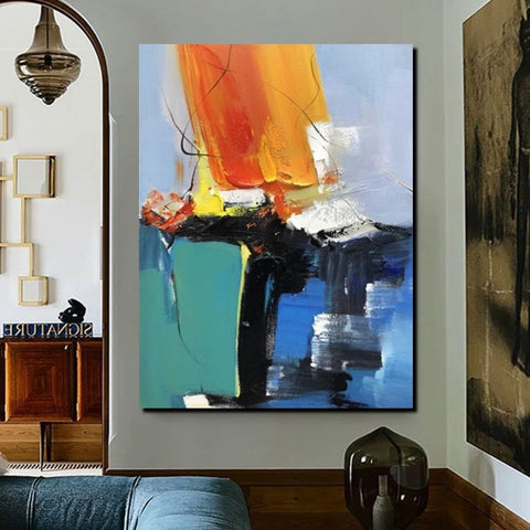 Acrylic Paintings on Canvas, Large Paintings Behind Sofa, Abstract Painting for Living Room, Blue Modern Paintings, Palette Knife Paintings-Paintingforhome