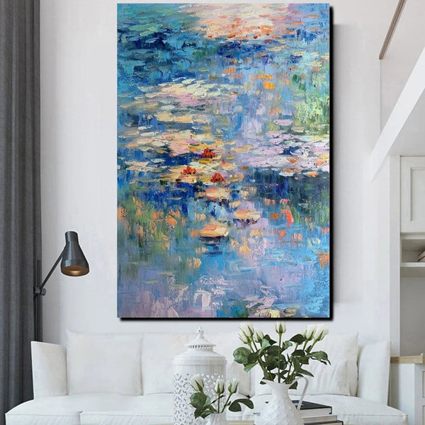 Acrylic Paintings on Canvas, Large Paintings for Bedroom, Landscape Painting for Living Room, Water Lily Paintings, Palette Knife Paintings-Paintingforhome