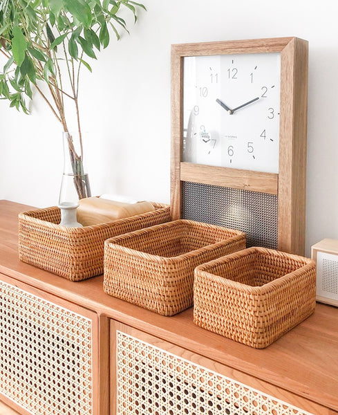 Rectangular Storage Basket for Living Room, Small Kitchen Storage Baskets, Woven Storage Baskets, Rattan Storage Baskets for Shelves-Paintingforhome