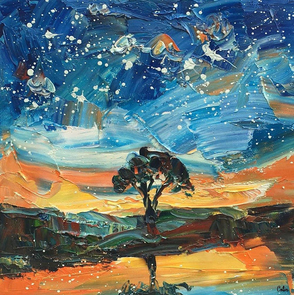 Landscape Painting, Starry Night Sky Painting, Small Oil Painting, Heavy Texture Oil Painting, 10X10 inch-Paintingforhome
