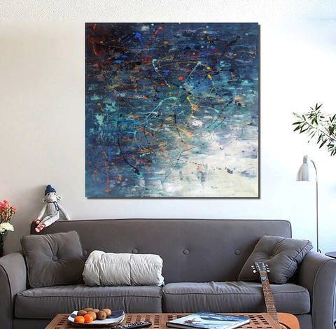 Modern Abstract Wall Art, Large Painting for Sale, Easy Painting Ideas for Living Room, Blue Acrylic Painting on Canvas, Huge Canvas Paintings-Paintingforhome