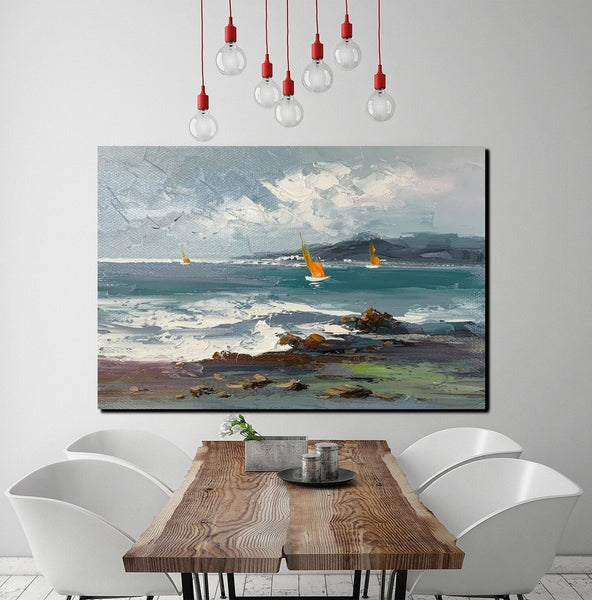 Large Paintings on Canvas, Canvas Paintings Behind Sofa, Landscape Painting for Living Room, Sail Boat at Sea Paintings, Heavy Texture Paintings-Paintingforhome