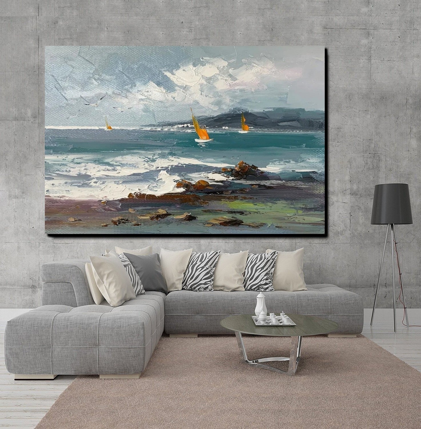 Large Paintings on Canvas, Canvas Paintings Behind Sofa, Landscape Painting for Living Room, Sail Boat at Sea Paintings, Heavy Texture Paintings-Paintingforhome